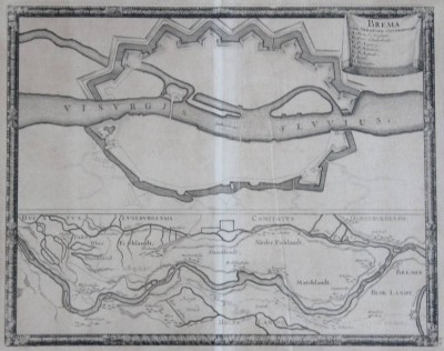 Auktion 376<br>Kartenstich, „Brema cum Situatione circumiacente“ (Bremen mit der umliegenden Situation), Erik Jönsson Dahlberg (1625-1703), ger./Glas, RG 45 x 49cm [1]