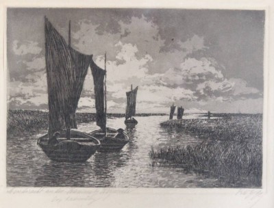 Auktion 376<br>Cornelius Rogge (1866-1949), Original-Radierung „Mondnacht an der Hamme bei Worpswede“ , ger./Glas, RG 28 x 32cm [1]