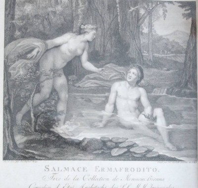 Auktion 376<br>Kupferstich, Titel „Salmace Ermafrodito“, graviert nach einem Entwurf von Anton Raphael Mengs und gestochen von Filippo Cardelli, Blatt mit Altersspuren, ger./Glas, RG 45 x 49cm [1]