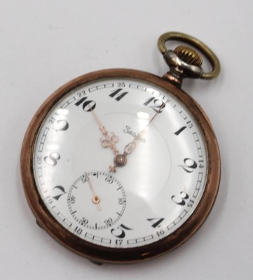 Auktion 376<br>antike mechanische Taschenuhr, ZentRa, 800er Silbergehäuse, Rosévergoldung, Werk steht, sonst gute Erhaltung, ca. D-5cm [1]