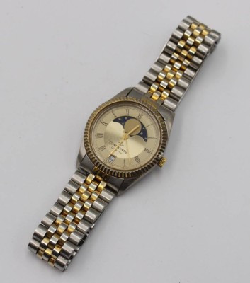 Auktion 376<br>Bicolor-Armbanduhr, Continental Quarzwerk, Mondphasenanzeige und Datumsfenster, Werk läuft, D-3cm [1]