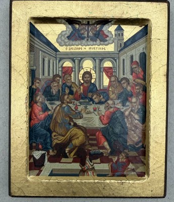 Auktion 376<br>byzantinische Ikone, neuzeitlich handgemalte Kopie, verso Zertifikat, ca. 12,5x10 cm [1]