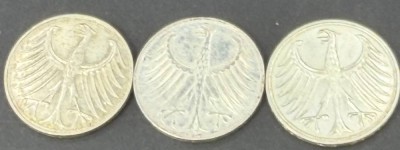 Auktion 376<br>3x 5 DM Kursmünzen, grosser Adler [1]