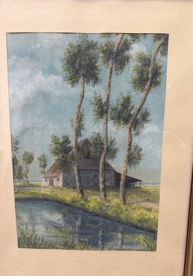 Auktion 376<br>unleserl. signiertes Aquarell, einsames Haus mit Birken und Gewässer, verso Widmung von 1935, ger/Glas, 58x43 cm [1]