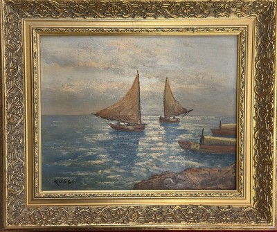 Auktion 376<br>Rossi, Fischerboote mit Lateinersegel, Öl/Malfaser, Goldrahmen, RG 35x41 cm [1]