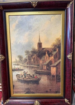 Auktion 376<br>Öldruck auf Leinen, holländische Stadtszene, gut gerahmt, RG 73x52 cm [1]