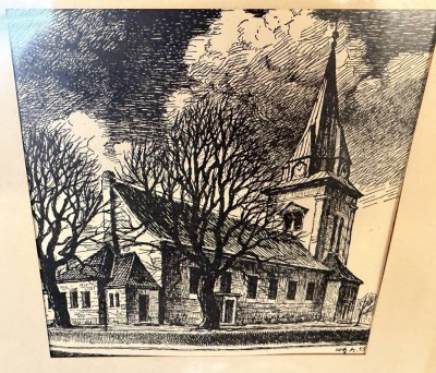 Auktion 376<br>Loos M., 55, Kirche in Bremerhaven?, Federzeichnung, ger/Glas, RG 29x27 cm [1]