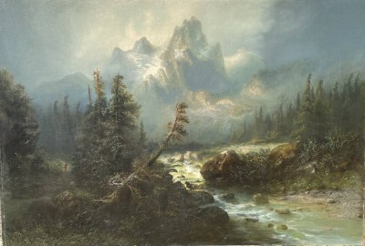 Albert BREDOW (1828-1899) "Alpenszene mit Wildbach", wohl um 1880, Öl/Leinen, doubliert auf Holzplatte, ca. 110x158 cm,