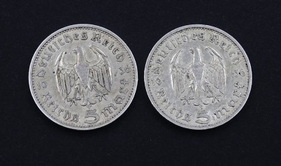 2x 5 Reichsmark 1936, Deutsches Reich, zus. 27,7g.