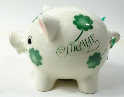 Goebel-Sparschwein mit Siemens-Werbung "Siwamat", H. 11,5 cm, L. 18 cm, mit Altersspuren, Glasurrisse