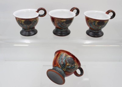 Auktion 369<br>4x Fayence Kaffeetassen, Töpferarbeit, bezeichnet 