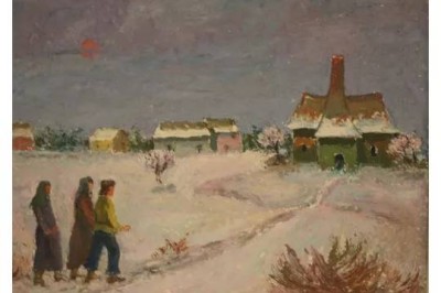 Auktion 372<br>Eugen AMMANN (1882-1978), Winterlandschaft mit Personen u. Gebäuden, Öl/Hartfaser, verso signiert und datiert 1974, gerahmt, RG 53,5 x 66,5cm. [1]
