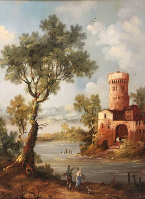 Auktion 369<br>Deyer, wohl Jan DEYER (XIX-XX), Landschaft mit Personen und Burg, Öl/Kupferplatte, gerahmt, RG 32,5 x 26,5cm. [1]
