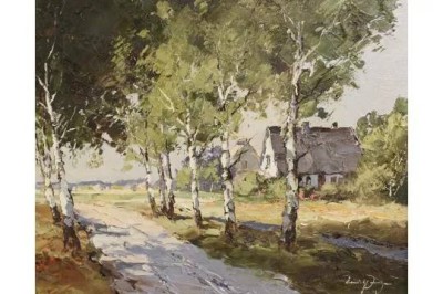 Auktion 372<br>unleserl.signiert, Dorfstrasse, Öl/Leinwand, gerahmt, RG 49,5 x 60cm. [1]