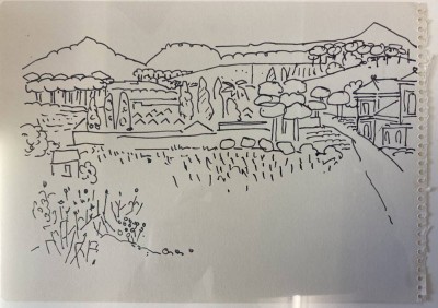 Auktion 358<br>Otto Abt (1903-1982)  Nachlass,Handzeichnung, Landschaft,,rückseitig original Etikett mit Maßen und Preisen in Schweizer Franken der bekannten Galerie Carzaniga in Basel,  alle gleich gerahmt/Glas, tw. roter Nachlassstempel,  RG alle ca. 28x35 cm [1]