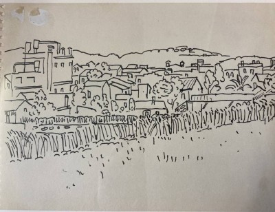 Auktion 358<br>Otto Abt (1903-1982)  Nachlass,Handzeichnung, Dorf-Landschaft,,rückseitig original Etikett mit Maßen und Preisen in Schweizer Franken der bekannten Galerie Carzaniga in Basel,  alle gleich gerahmt/Glas, tw. roter Nachlassstempel,  RG alle ca. 28x35 cm [1]
