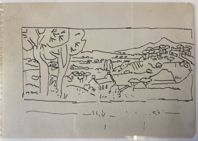 Auktion 358<br>Otto Abt (1903-1982)  Nachlass,Handzeichnung, Hügel-Landschaft,,rückseitig original Etikett mit Maßen und Preisen in Schweizer Franken der bekannten Galerie Carzaniga in Basel,  alle gleich gerahmt/Glas, tw. roter Nachlassstempel,  RG alle ca. 28x35 cm [1]