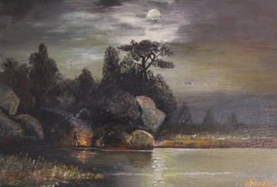 Auktion 369<br>unleserl. sign.,  Mondnacht, Öl/Platte, gerahmt, RG 23,5x31 cm [1]