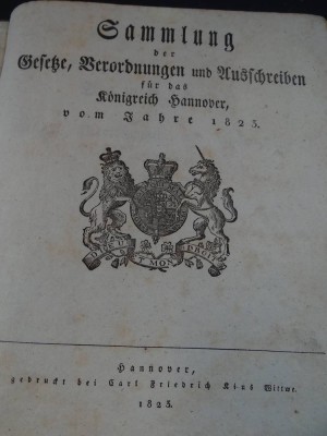 Auktion 344<br>Gesetz-Sammlung auf das Jahr 1823, Hannover, gut erhalten [1]