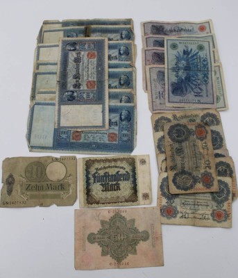 Auktion 338<br>kl. Konvolut div. Banknoten, Deutsches Reich, Altersspuren [1]