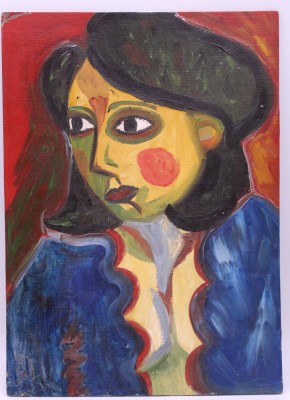 Auktion 338<br>unleserl.signiert, abstraktes Damenportrait, Öl/Holz, wohl um 1920/30, ungerahmt, 48 x 35cm. [1]