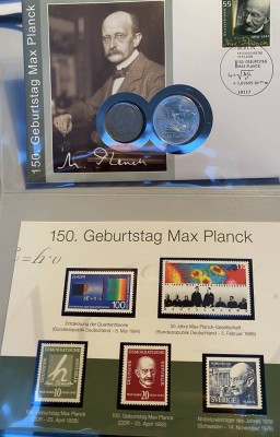 Auktion <br>Numisbrief, 150 J. Max Planck mit Briefmarken, mit 10 Euro, 2008, und 2 Mark, 1957 [1]