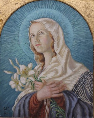 Auktion <br>R.Matousek, Maria mit Blumen, Öl/Leinwand doubliert, schön gerahmt, RG 58,3 x 50,5cm. [1]