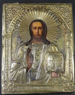 Auktion <br>Ikone segnender Christus mit Messingoklad, 22x18 cm [1]