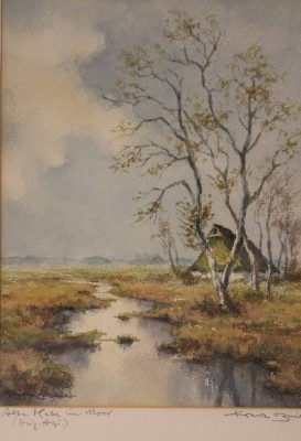 Auktion 369<br>Franz Baier, Kirchweyhe (XX) Alte Torfkate im Moor betiteltes Aquarell, ger/Glas, RG 73x62 cm [1]