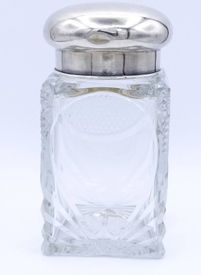 Auktion 339<br>Kristall Gefäß mit Silberdeckel 800/000 bez. Heiden, H. 15cm, Deckel mit Delle [1]