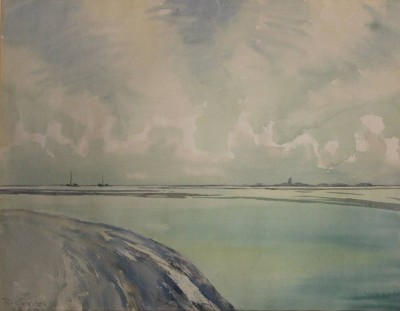 Auktion <br>Richard CURDES (1891-1974), Blick auf Neuwerk, Aquarell, gerahmt/Glas, RG 53,8 x 54,3cm. [1]
