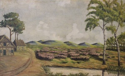 Auktion <br>unsignierte Landschaft mit Gehöft, Öl/Holz, gerahmt, RG 28,5 x 43,5cm. [1]