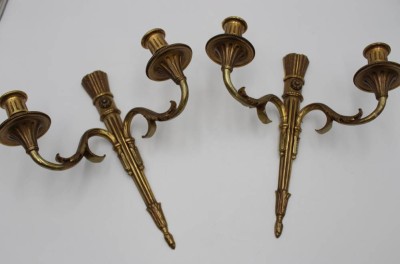 Auktion <br>Paar 2flammige Wandkerzenleuchter, Messing, älter, H-30,5cm B-29cm [1]