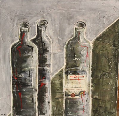 Auktion <br>modernes Stilleben/Collage, Weinflaschen, ungerahmt, 40 x 40cm [1]