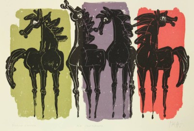 Auktion 340<br>Celestino PIATTI (1922-2007), 4 Pferde, Farblithographie, E.A., Widmung 