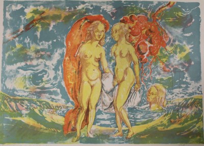 Auktion <br>Heinrich RICHTER (1920-2007), Zwei Grazien, Farblithographie, ungerahmt, BG 56 x 75,5cm, Widmung 