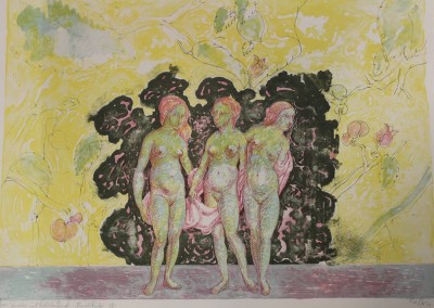 Auktion 340<br>Heinrich Richter (1920-2007), Drei Grazien, Farblithographie, ungerahmt, BG 56,5 x 76cm, Widmung 