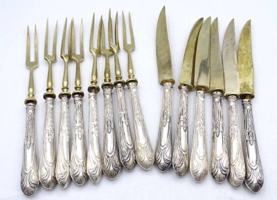 Auktion 341<br>6x Desert-Messer, 8x Desert-Gabeln, Silbergriffe, Altersspuren, Messer L-ca. 17 cm [1]