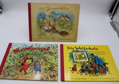 Auktion 341<br>3x Kinderbücher, Titania-Verlag, Fritz Baumgarten, Das Blumenelfchen, Die Waldschule und Wurzelpurzel, teilw. Gebrauchsspuren [1]