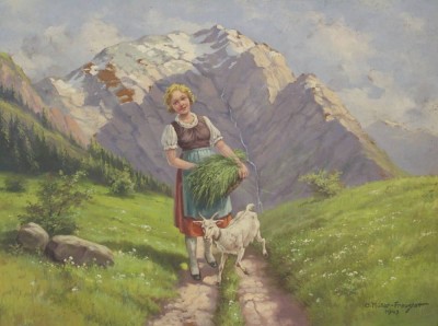 Auktion 341<br>G. MULLER-FRAUSTATT (XX), Mädchen vor Gebirge, Öl/Hartfaser, gerahmt, RG 70,5 x 90,5cm. [1]