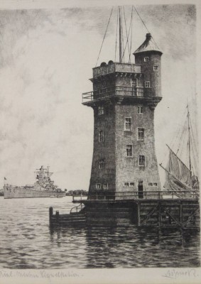 Auktion 341<br>unleserl. signierte Radierung, Signalturm Kiel, ger./Glas, RG 41 x 34,5cm. [1]
