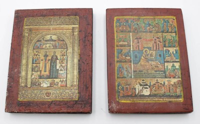 Auktion <br>2 kl. Ikonen-Drucke auf Holz, je ca. 17,5 x 13,5cm. [1]