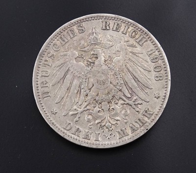 Auktion <br>Drei Mark 1908 Deutsches Reich, Wilhelm II König von Württemberg F [1]