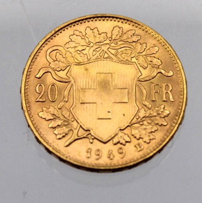 Auktion 343<br>Goldmünze 20 Schweizer Franken 1949, sogen. Vreneli, ca. 6.45 gr., ca.D-2,1cm. [1]