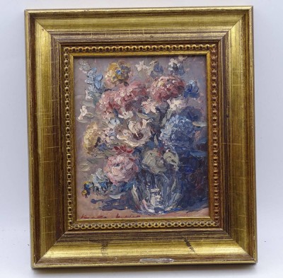 Auktion <br>wohl Erwin Hartenberger ?- Blumenstillleben, gerahmt, Öl/ Holz, RG 21,18,5cm [1]