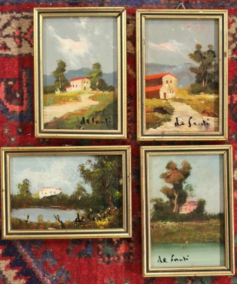 Auktion <br>4x kl. Landschaftsgemälde, wohl Italien, signiert de Santi, Öl/Hartfaser, gerahmt, je RG ca. 16,5 x 11,5cm [1]