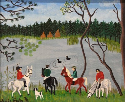 Auktion <br>Lucie FRASSA (1921), naive Landschaft mit Personen, Öl/Hartfaser, gerahmt, RG 27,5 x 28,5cm. [1]