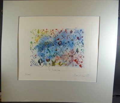 Auktion <br>unleserl. sign. Farblithografie, Farbradiurung?, betitelt 