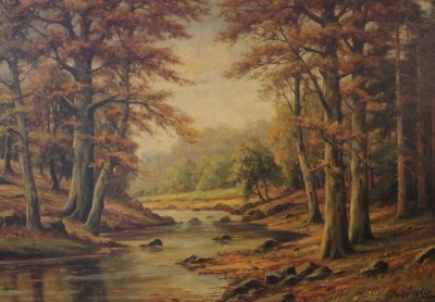 Auktion <br>Erich KÜNZEL (XX), Waldbach im Herbst, Öl/Leinwand, gerahmt, Rahmen beschädigt, RG 88 x 118,5cm, Sperrgut [1]