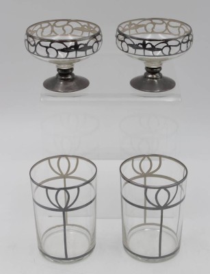 Auktion <br>2x Sektschalen und 2x Wassergläser, je mit Silberauflage (gepr.), ca. H-9,4cm u. 6,4cm. [1]